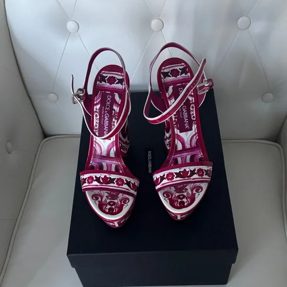π― Authentic DOLCE &GABBANA Keira Maiolica Leather Fuchsia &White Platform Sandal - Picture 8 of 17